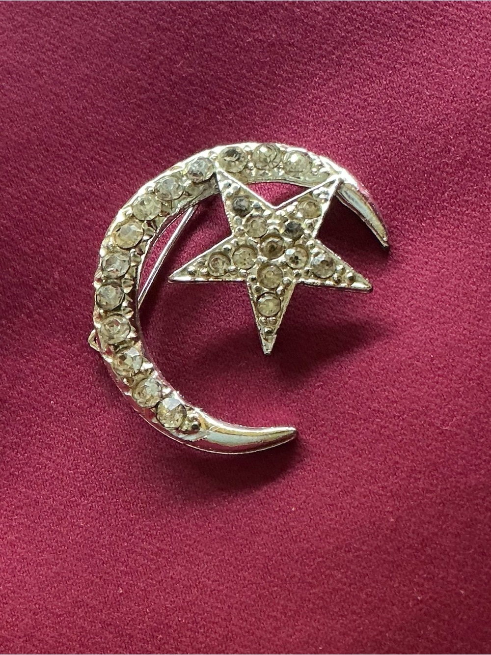 Vintage 70s Celestial Rhinestone Crescent Moon Star Brooch Pin Whimsigoth Retro